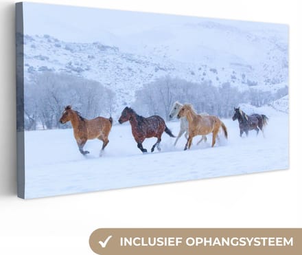 Canvas Schilderij Paarden - Sneeuw - Winter - 40x20 cm - Wanddecoratie