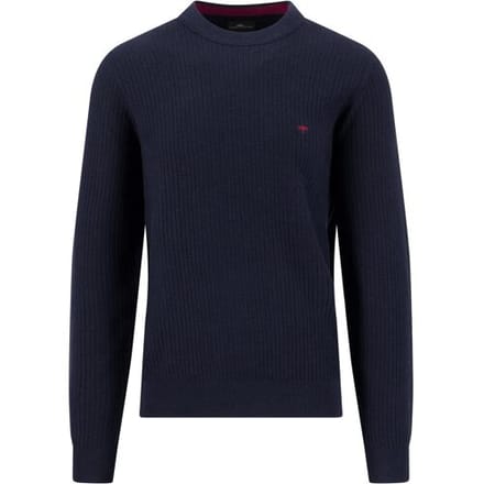 Fynch-Hatton Trui Solid Color O-Neck Cotton Ribbed Knit Navy / male