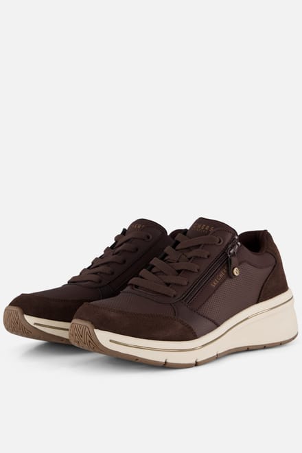 Skechers Billion Flex Luxe Up Leder Dames Chocolade Duraleather/Mesh Sneakers