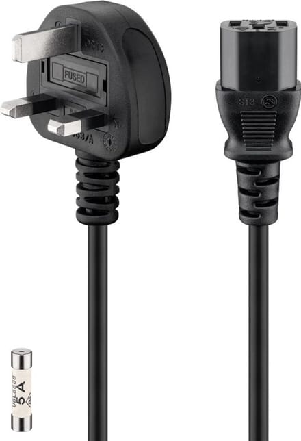Goobay UK-aansluitkabel 1,8 m zwart naar C13, 5 A, VK 3-pins type G met vervangbare zekering, haakse stekker, voor pc en monitors