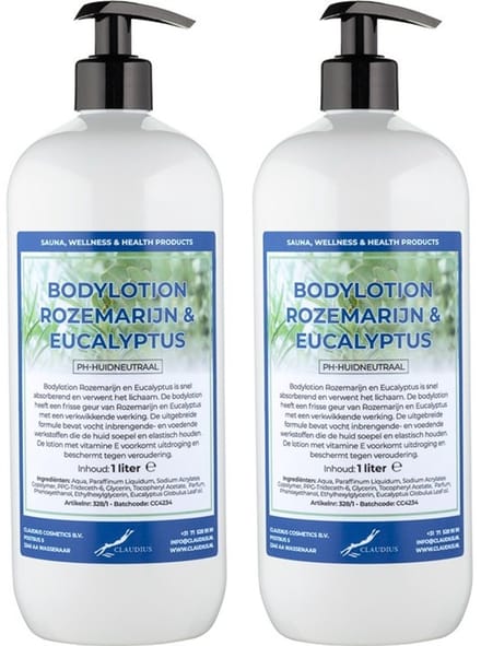 Bodylotion Rozemarijn & Eucalyptus 1 Liter - met gratis pomp - set van 2 stuks