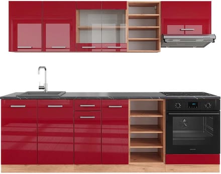 Vicco R-Line Complete keukeneenheid – 240 cm, WB Antraciet Rood hoogglans/gouden eik