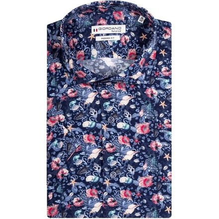 Giordano Overhemd Allover Sea Life Pattern Navy-Bruin / male