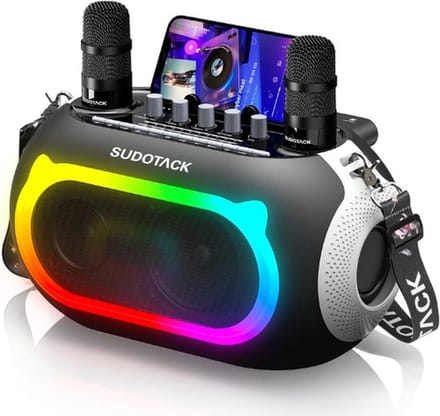 Thuys – Karaoke Set voor Volwassenen – Met 2 Draadloze Microfoons – Bluetooth – Draagbaar – LED Verlichting – Zwart