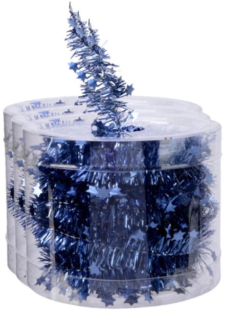 Decoris kerstslinger - 3x st - met sterren - donkerblauw - lametta - 700 cm
