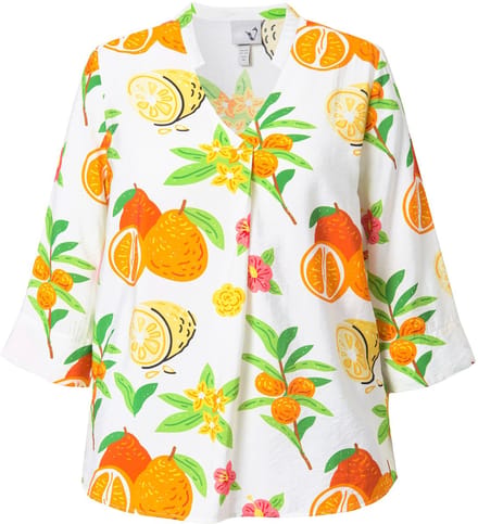 Ulla Popken - Dames - Tuniek fruit opstaande kraag V-hals 3/4-mouw - Sneeuwwit - Maat 54+