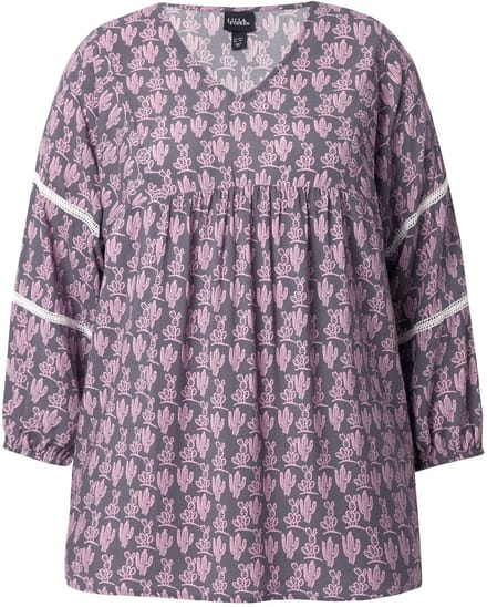 Ulla Popken - Dames - Blouse cactus A-lijn 3/4-mouw kant - Grafietgrijs - Maat 46+