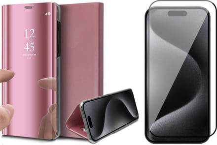 Hoesje geschikt voor iPhone 15 Pro - Screen Protector FullGuard - Book Case Spiegel Roségoud & Screenprotector