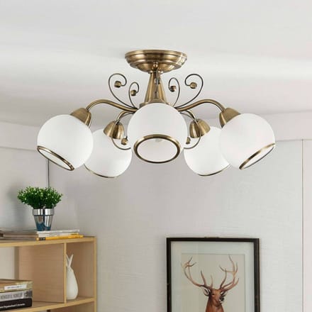Lindby - plafondlamp - 5lichts - Glas, metaal - H: 26 cm - E14 - wit gesatineerd, antiek messing