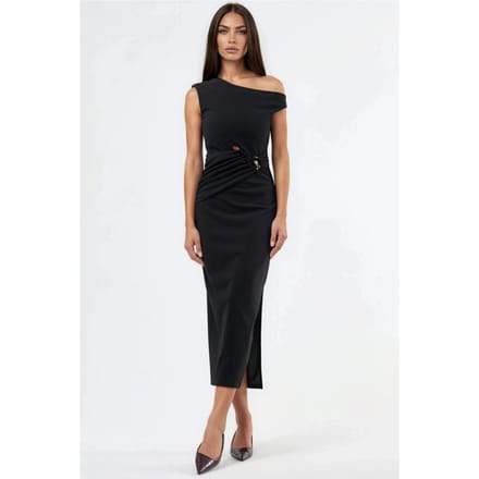 Asymmetrische Kraag Midi-jurk met Accessoire-details