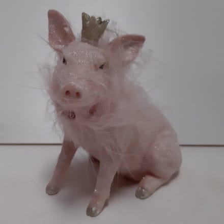 Beeldje roze varken zittend met kroontje en glitters
