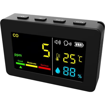 Draagbare Luchtkwaliteitsmeter 3in1 CO Temperatuur- en Vochtigheidsmeter Kleurenscherm Koolmonoxide zwart