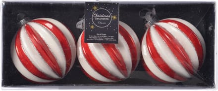 Decoris Luxe kerstballen - 3x - rood/wit gestreept - D8 cm - glas - glitter - brass - Kerstversiering/kerstboomversiering