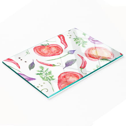 Keukenplank van gehard glas met afbeelding van tomaten en kruiden, 80x52 cm