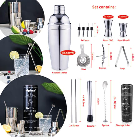 alpina Cocktailset Compleet - 14 Stuks - Cocktailshaker/ Stamper/ Jigger / Etc - RVS