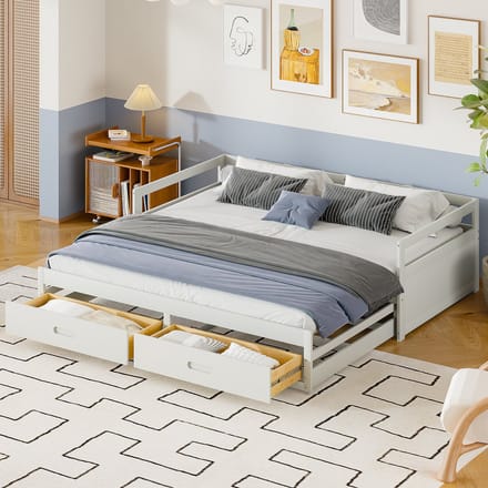 REDOM Bedframe 90x200 cm – Grenenhout wit – Uitschuifbaar met 2 lades – Multifunctioneel