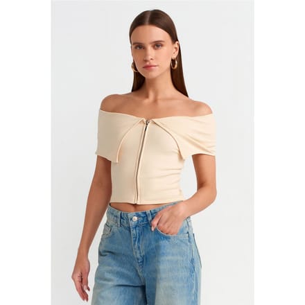 Vrouwen Off-shoulder Crop T-shirt met Rits