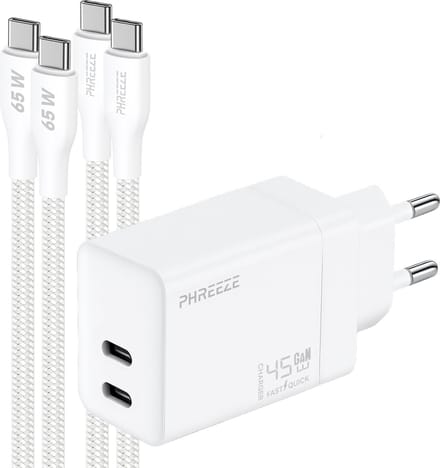 Phreeze dubbele usb C adapter - Met usb C naar usb C kabels - Complete 1m snellader set voor smartphone en tablet