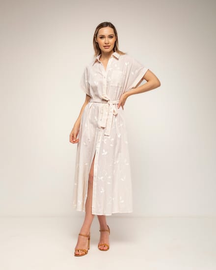 Gestreepte midi-blousejurk met borduursels en een riem
