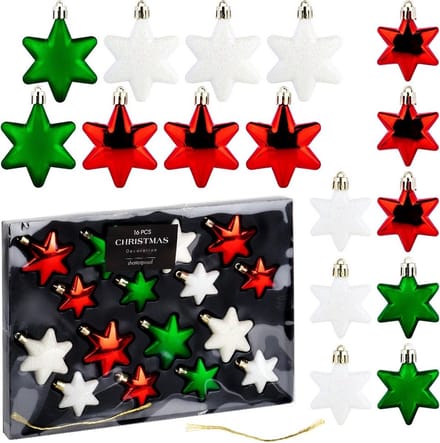 Kerstballen Set Onbreekbaar Sterren Rood Groen Wit 6/5 cm 16 stuks - Kerstdecoratie