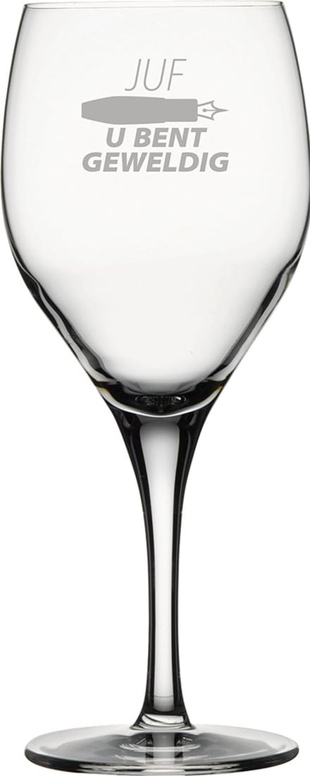 Gegraveerde witte wijnglas 34cl Juf u bent geweldig