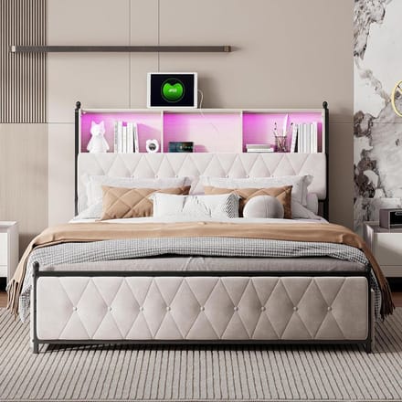Gestoffeerd Bed - Tweepersoonsbed - Moderne Slaapkamer - Met LED en USB - 160x200 cm - Beige