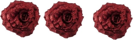 Cosy & Trendy kerstboomversiering bloem op clip - 3x - rood - glitter - 18 cm - kerstdecoratie - rode roos