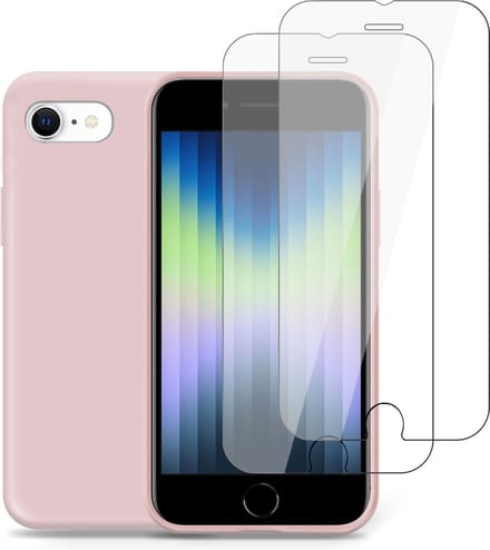 Geschikt voor iPhone SE 2022 Hoesje + 2x Screenprotector – Gehard Glas Cover - Suède Case Rose