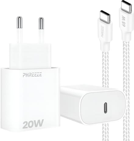 20w oplader met usb C poort met usb C kabel 1 meter gevlochten wit - Usb C naar usb C - Snellader