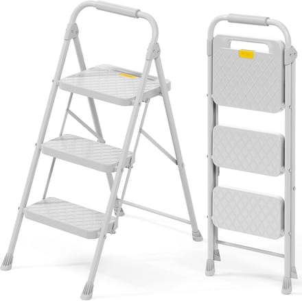 Inklapbare Trapladder - Huishoudladder Opstap - Veilig Klussen - Comfortabele Leuning - 3 Treden - Grijs