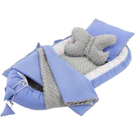 Joyz 5-delige babynest set walvisprint blauw minky katoen 90x50 cm dubbelzijdig antiallergisch draagbaar inclusief knuffeldoekje kussen uitneembare matras multifunctioneel babynest cocoon reisbedje voor pasgeborenen verstelbaar wiegje jongen meisje