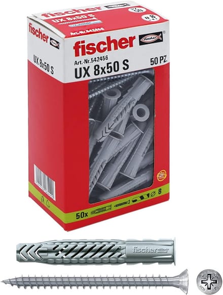 Fischer 50 dowels UX with screw, 8 x 50 mm with screw, for masonry, perforated brick, plasterboard, 542456, grey