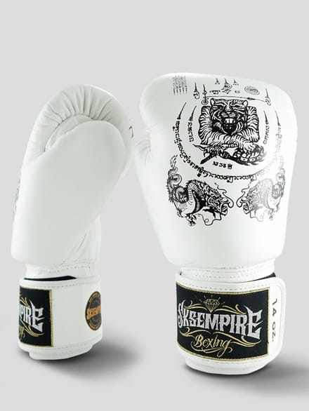 SKS Empire Bokshandschoenen - Sak Yant - Echt Leer - Wit / Zwart 14 oz
