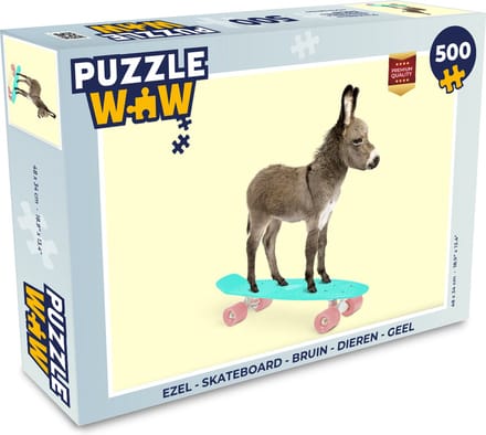 Puzzel Ezel - Skateboard - Bruin - Dieren - Geel - Legpuzzel - Puzzel 500 stukjes