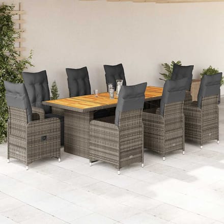 vidaXL - 9-delige - Bistroset - met - kussens - poly - rattan - grijs