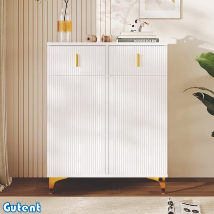 Gutent Schoenenkast - Getextureerd bovenblad - Verstelbare legplanken - Vergulde accenten - Met laden - Wit