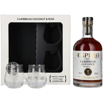 Ron Espero Caribbean Coconut & Rum Liqueur 40% Vol. 0,7l in geschenkverpakking met 2 Bril