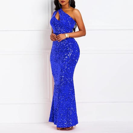 Glitter Zeemeermin Maxi Jurk Mouwloos Schuin Hals Feestjurk Dames