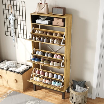 PHOEBE CAT Schoenenkast - Compact - 3 klepdeuren - Open planken - Houtnerf - Natuurlijke