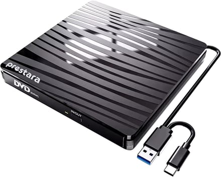 Prestara - Externe CD DVD Speler en Brander – Compact, Plug & Play, USB-C & USB 3.0 – Geschikt voor Windows - Mac - Linux