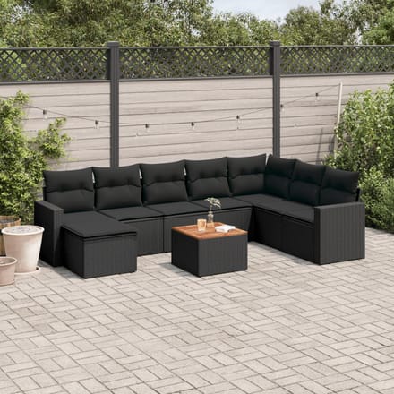 vidaXL - 9-delige - Loungeset - met - kussens - poly - rattan - zwart