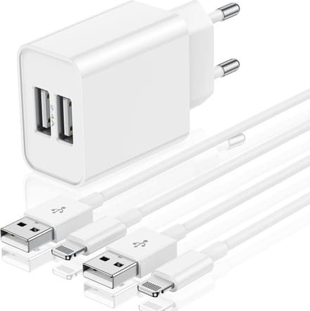 Dubbele usb Lader geschikt voor iPhone 14 /13 / 12 / 11 / X / SE / iPad 2017 / 2018 / 2019 / 2020 / AirPods - Lightning naar usb-A Kabel - 1 Meter
