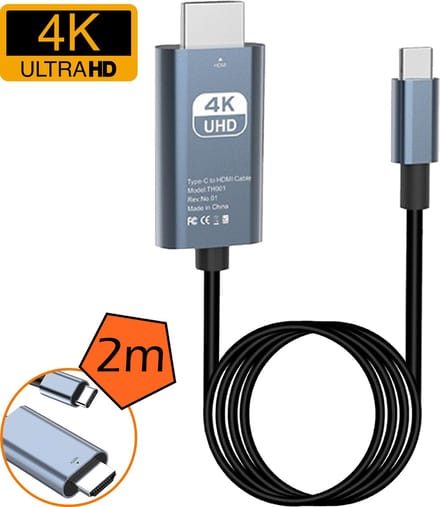 USB C naar HDMI Kabel Adapter 4K 30Hz - USB-C naar HDMI Adapter Converter - 2 meter - Zwart