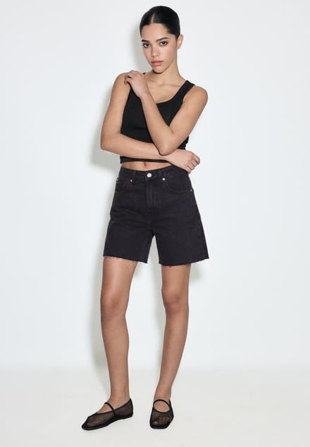 Stradivarius D93 Longline short  ZWARTE DENIM WASSING 36
