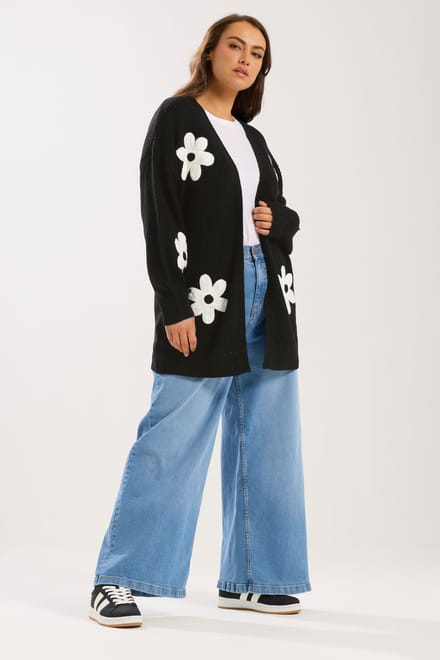 Yours Zwart Gebreid Vest Met Bloemendetails Size 46-48