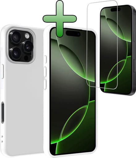Hoesje Met Screenprotector - Geschikt voor Apple iPhone 16 Pro Max - Sterk & Shockproof - Back Cover - Siliconen Case - Telefoon Hoes - Wit