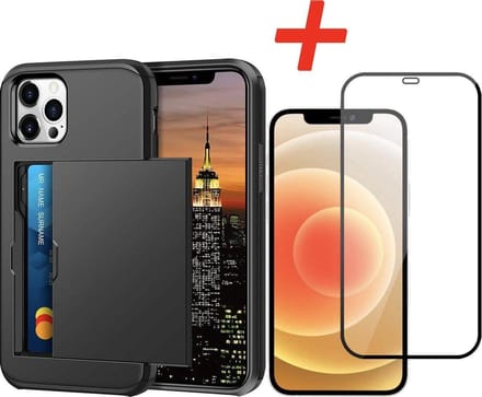 Pasjeshouder geschikt voor Apple iPhone 13 Pro Max - Zwart - met Glazen Screenprotector
