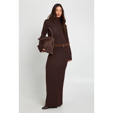 boohoo Dames Hoge rolhals superzachte gebreide maxi-jurk | Chocoladebruin | Maat: Small