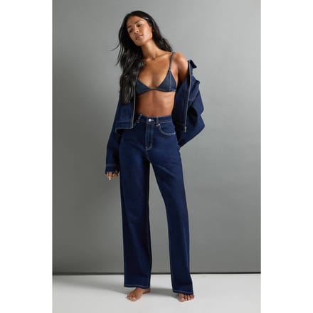 boohoo Dames De lange hoge taille rechte pijpen jeans | Indigo | Maat: 14