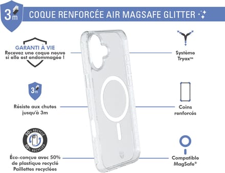Force Case, Hoesje geschikt voor iPhone 16 - MagSafe AIR Versterkt Tryax System 3m met Glitters, Transparant